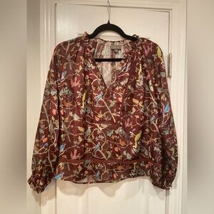 Point Sur Size XS Burgundy Lace Metallic Stripe Bird Print V Neck Peasant Top